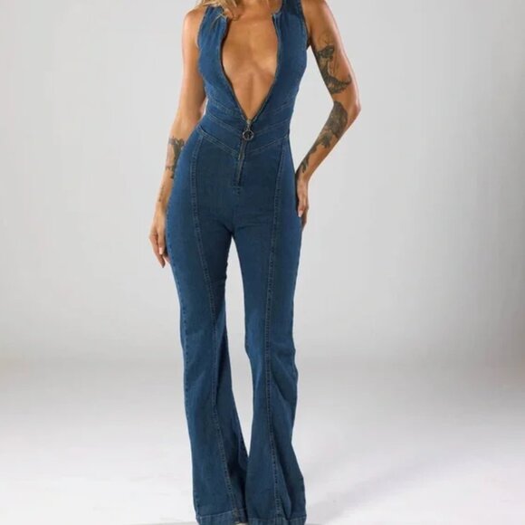 REVICE Pants - NWT Revice Denim Hollywood Heartthrob Denim Flare Jumpsuit Heart Cutout